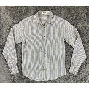 Fabindia Mens 100% Linen Shirt Blue Yellow Striped Long Sleeve Fitted Sz 40 L